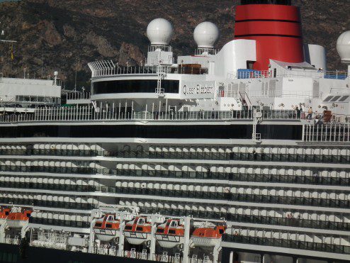 Queen Eliz up close The new Cunard Lines Queen Elizabeth at dock at Carthegena, Spain, two weeks after she entered service in October, 2010. Copyright THE CHESAPEAKE photo
