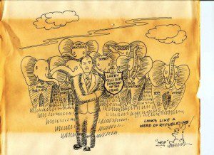 St. Mary's Commissioner Larry Millison often supported Republicans. He was honored as the Democrat of the Year in 1989. He served three terms as a county commissioner and one on the school board.  This toon by George Hopkins for The Chesapeake