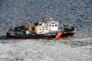 Coast Guard Cutter Capstan clears a path through ice on the Chesapeake Bay.  Coast Guard photo