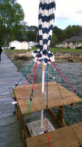 How to defeat a nesting osprey on a picnic table, boat or pier. Set up umbrella, run bunge cords in every direction and you will win. The osprey will actually nest in a tall pine tree but may dive bomb on occasion. Fight them off with a hose.