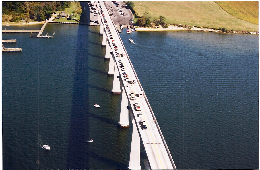 Gov. Thomas Johnson Bridge from the air looking north towards the boat ramps and fishing pier on the Calvert County side of the Patuxent. THE CHESAPEAKE TODAY photo.