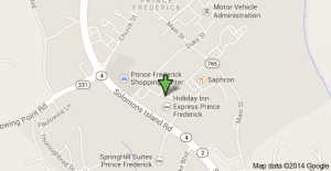 Map of Prince Frederick showing the location of the Holiday Inn Express where the car of the dead man was found.