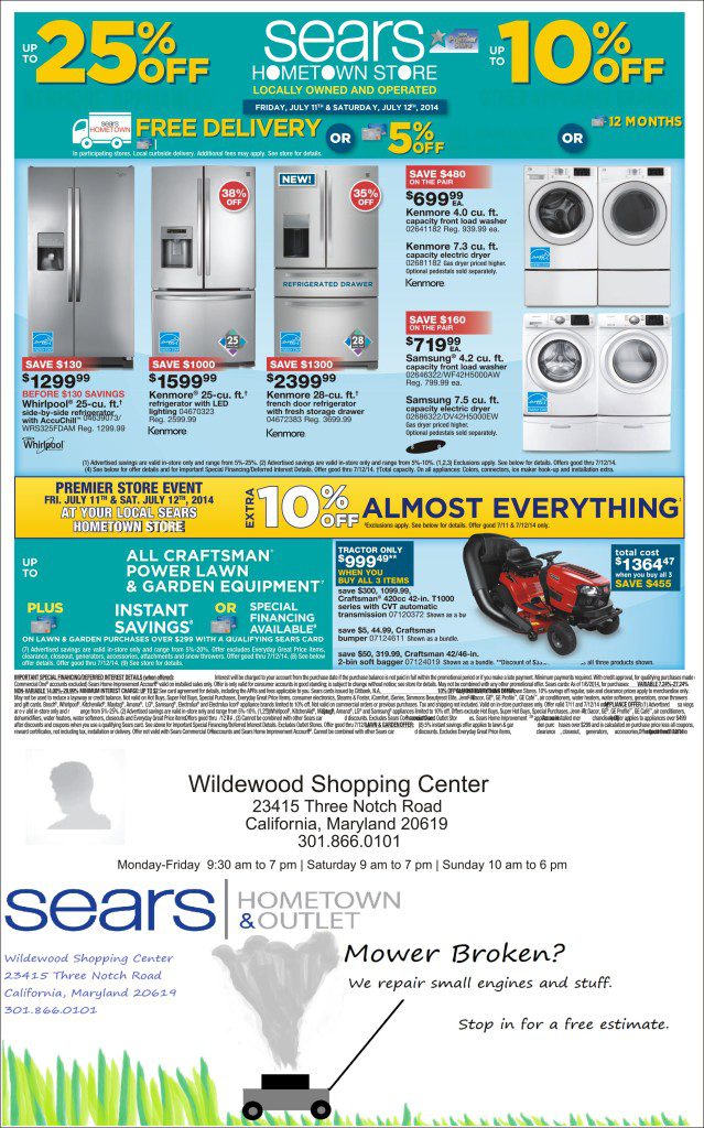 Sears Hometown Store Sale July 11 & 12 Wildewood Center, Rt. 235, California, Md.