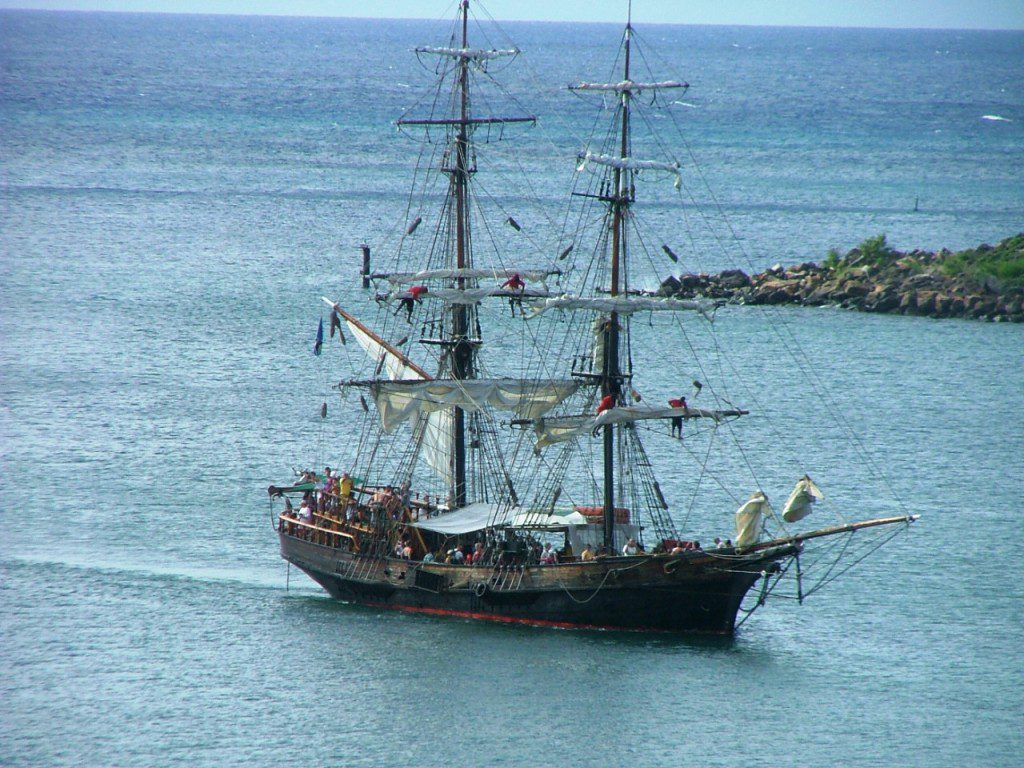 The Brig Unicorn which appeared in three Pirates of the Caribbean films enters the harbor at St. Lucia. THE CHESAPEAKE TODAY photo