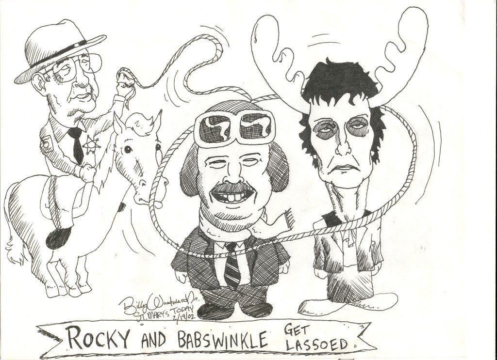 Rocky & Babswinkle being lassoed by former Sheriff Wayne Pettit in this 2002 toon panning the looming election. Barbara "Babs" Thompson is once again on the ballot as the leader of the local liberal Republicans who love to raise taxes and increase the size and power of government.  See more toons of the era in The Story of The Rag in eBook and paperback at Amazon.  (Rocky is Rocky Rowland, who lost the GOP primary that year to Tommy "Hambone" McKay. 