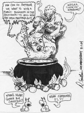 When Hambones Fly - this toon appeared in St. Mary's Today as part of the weekly coverage of the shenanigans of Tommy McKay on the job as an elected official. See more than 200 toons of the times in The Story of The Rag in eBook & paperback and listen in Audible.