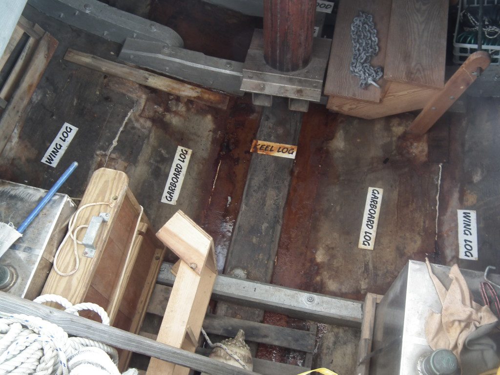 This view of the hold of the F. D. Crockett shows how the bottom of the ship was built, from logs. This hold was part of the storage area for oysters as they were also carried on the deck. The oyster buyboats were an important link from those who tonged the oysters to the surface and sold them to the Captain of the Buyboat who then transported them to wharves in Norfolk, Baltimore, Crisfield, Alexandria and Washington, D.C.  THE CHESAPEAKE TODAY photo
