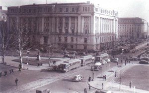 Street cars running on 14th Street in District. General Motors and other firms lobbied hard to have their buses replace street cars. 