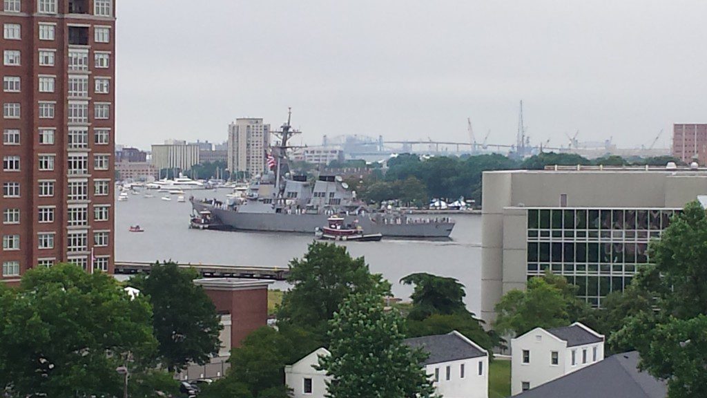 USS MITSCHER in Norfolk's Harborfest"Parade of Ships" & the American National Ensign with WW II War Veterans pennant proudly flying over Willoughby Spit at Norfolk on June 6, 2015 Photo  for THE CHESAPEAKE TODAY by  Alan V. Cecil