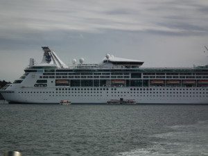 Grandeur of The Seas with passengers being shuttled by tenders to shore. THE CHESAPEAKE TODAY photo
