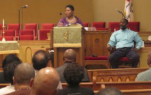 Barvetta Singletary, staffer and policy director for Congressman James Clyburn, SC-6th district, shares information about the Affordable Care Act, also known as Obamacare, with more than 150 people at Cumberland United Methodist Church during a town hall type meeting held to try and clear up confusion over the law on Thursday, September 26, 2013.