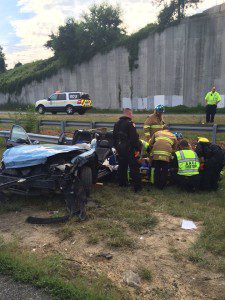 Tractor trailer and sedan collide on Rt. 2 in Harwood. Photo by Anne Arundel County Fire Department.