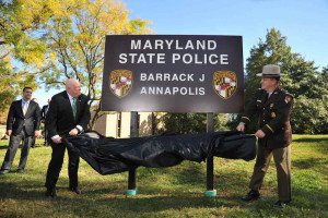 Hogan features Maryland State Police sign in Annapolis