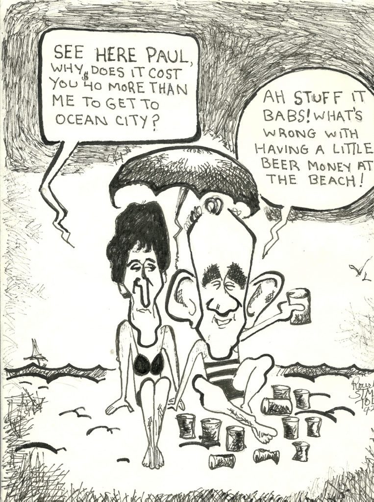 County Commissioners from all over Maryland go to beach on taxpayer's dime, with all expenses paid so they can attend the Maryland Association of Counties Convention. They sit around and listen to other blowhard politicians, play golf and eat crabs with lobbyists and taxpayers pay for it all. This cartoon is of Barbara Babs Thompson and Paul Chesser.