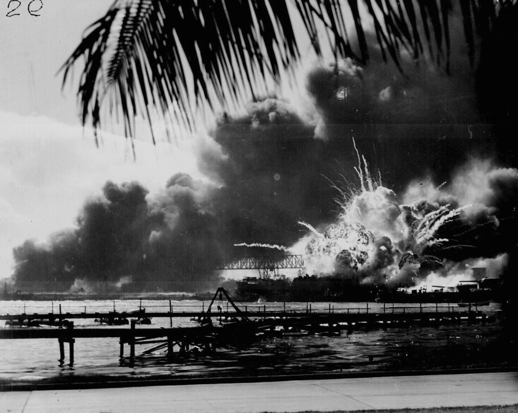 USS SHAW exploding during the Japanese raid on Pearl Harbor. December 7, 1941. 80-G-16871.